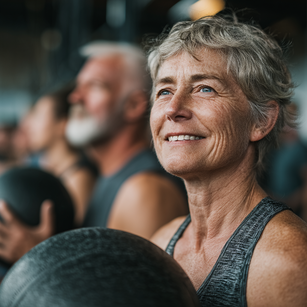 Група активних людей 50-60 років займається кросфітом з медболами та канатами в просторому залі, демонструючи командний дух та вмотивованість