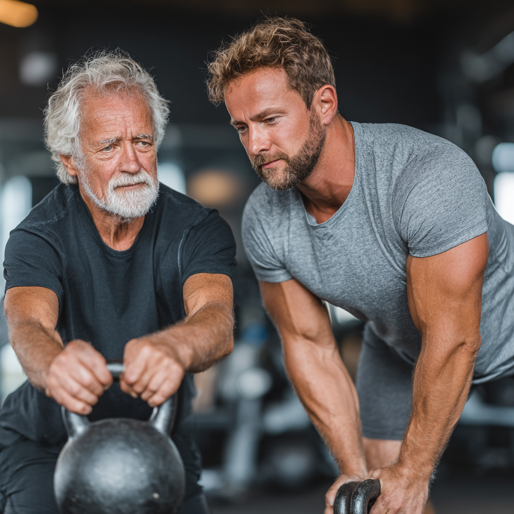 Досвідчений тренер працює індивідуально з чоловіком 58 років, коригуючи техніку виконання функціональних вправ з гирями