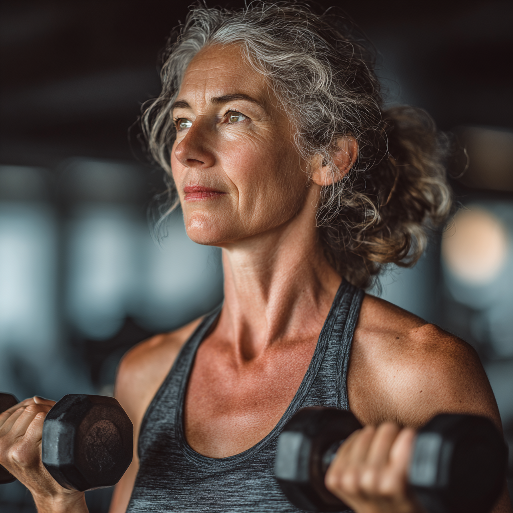 Енергійна жінка 55 років виконує HIIT вправи з гантелями в сучасному фітнес-залі, демонструючи силу та витривалість